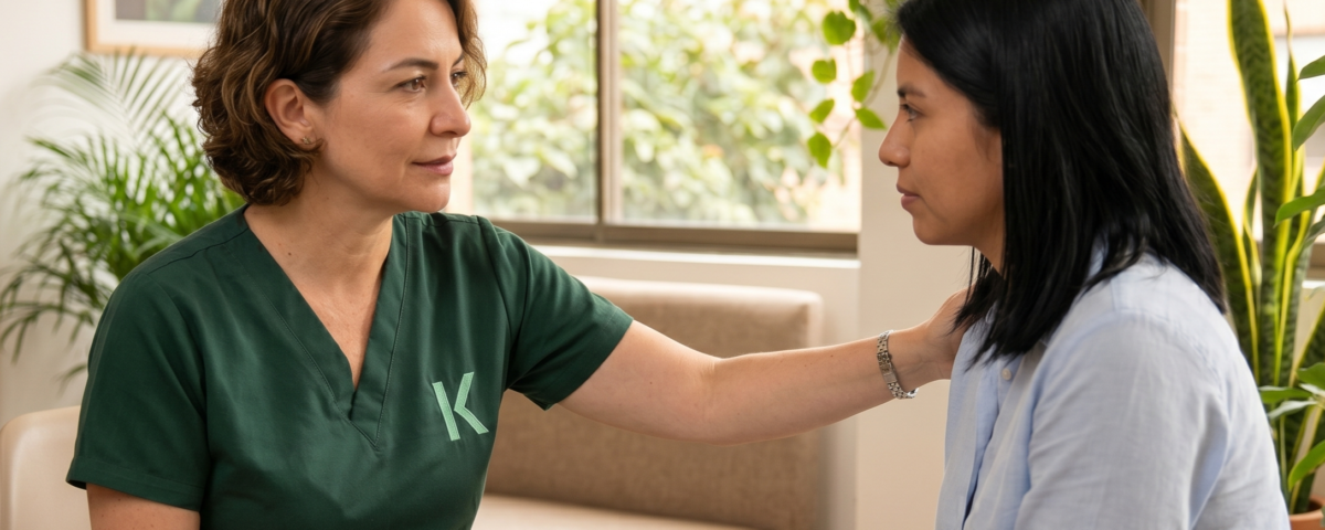 dos personas haciendo el test de bateria psicosocial apoyadas por katia health